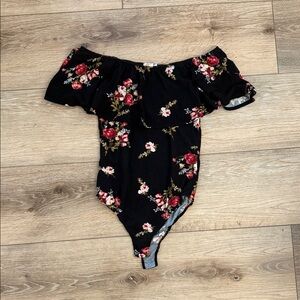 Floral Off-Shoulder Bodysuit - Black and Red